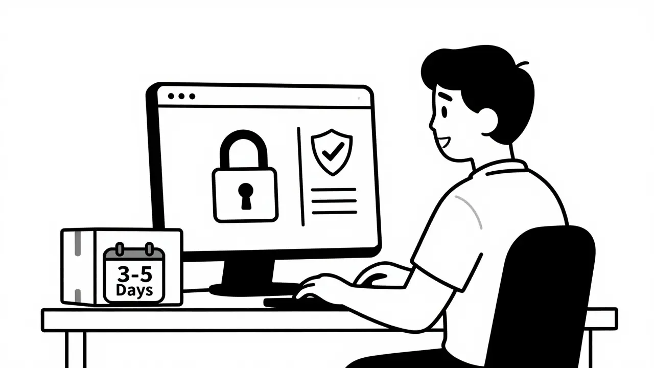 Secure online pharmacy order with fast delivery icon