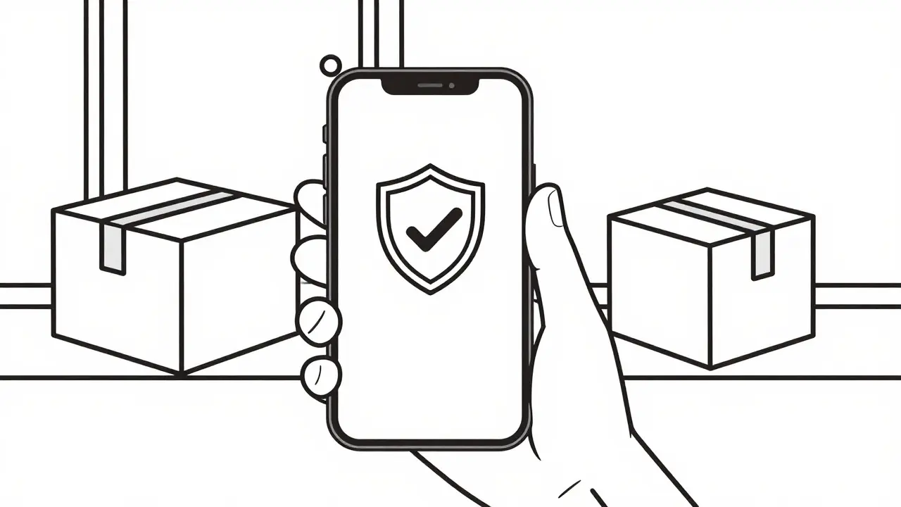Smartphone showing safe online pharmacy app with delivery box