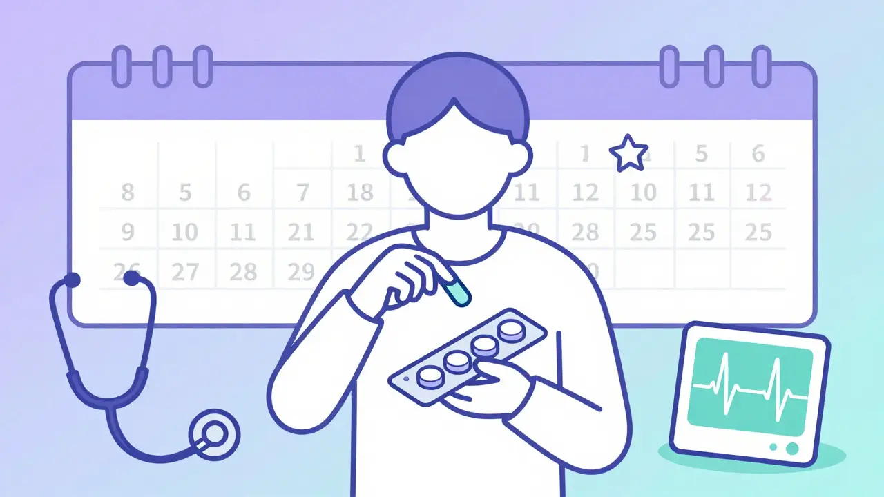 Illustration of a person taking a pill with medical monitoring symbols in the background