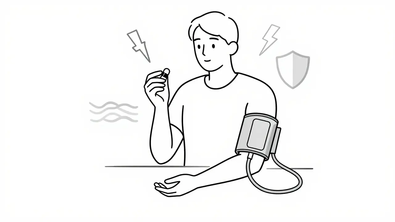 Illustration of patient managing SNRI side effects with pill and blood pressure cuff