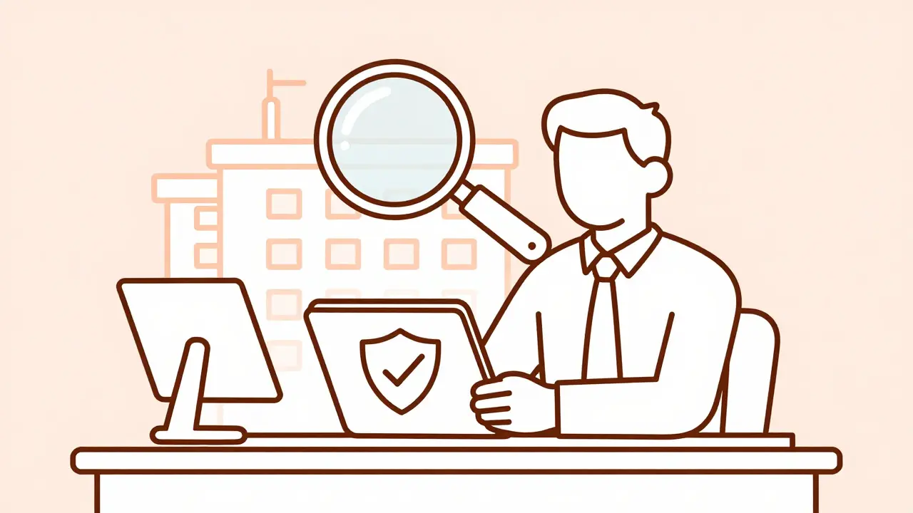Line art of a person verifying online pharmacy credentials with a shield icon