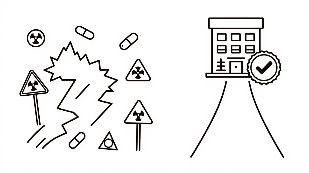 Line drawing contrasting safe vs unsafe online pharmacy paths