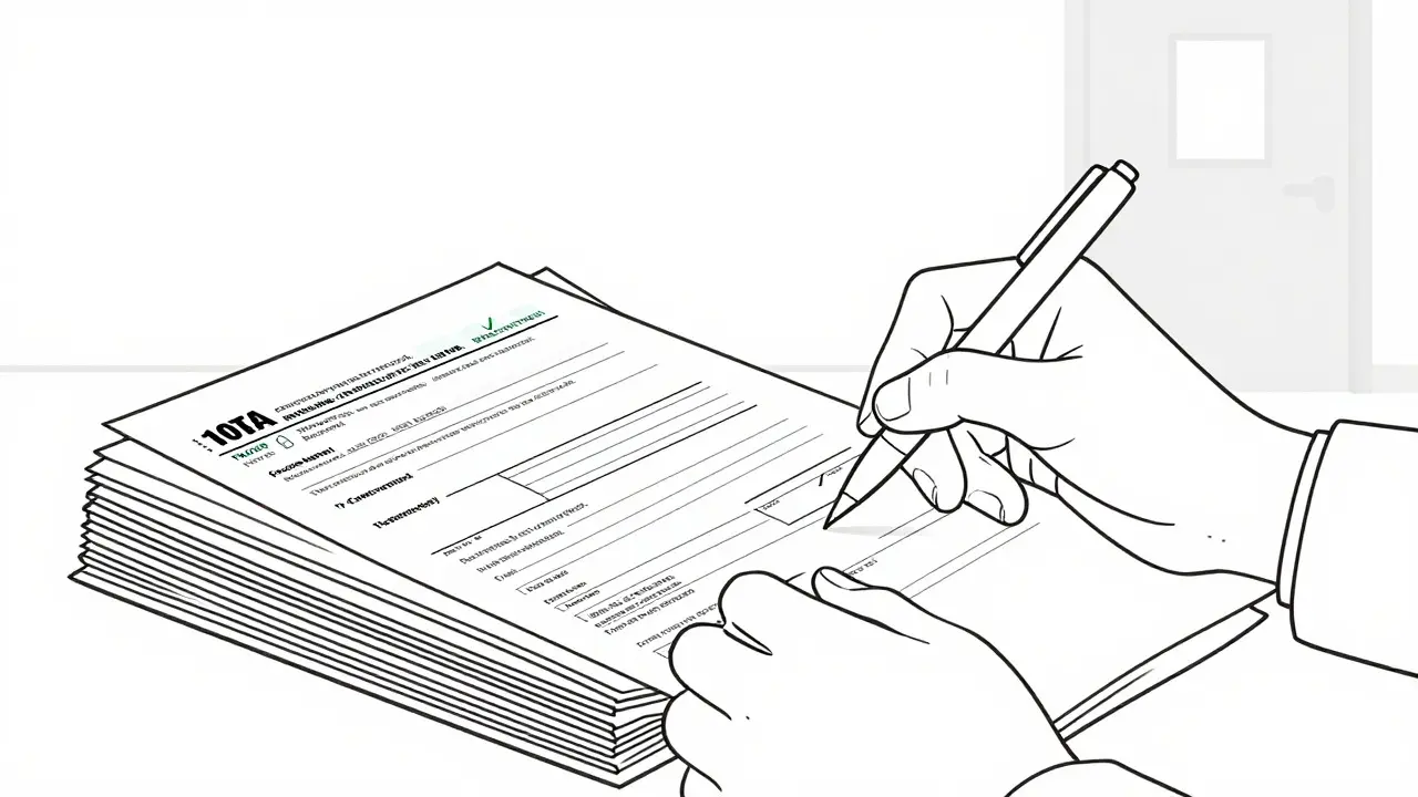 Line drawing of hands organizing application documents and forms