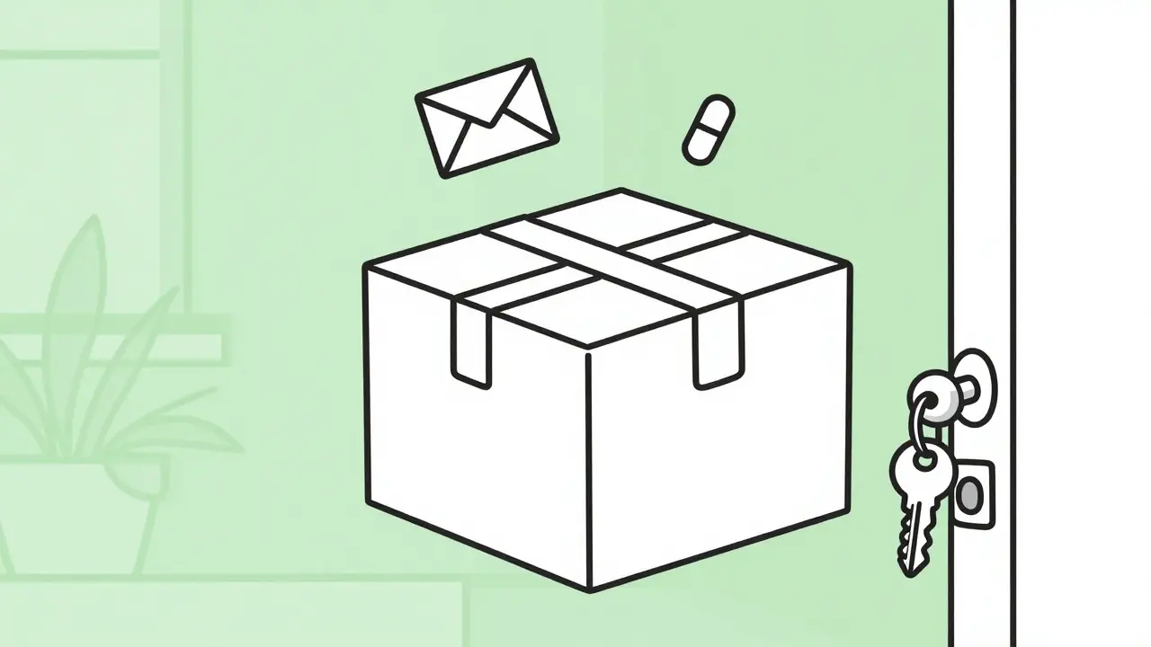 Monoline illustration of a medication package arriving at a residential doorstep