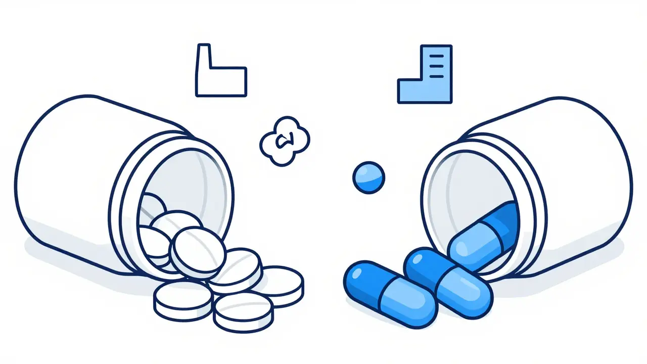 Open pill bottles showing different colored pills from generic makers