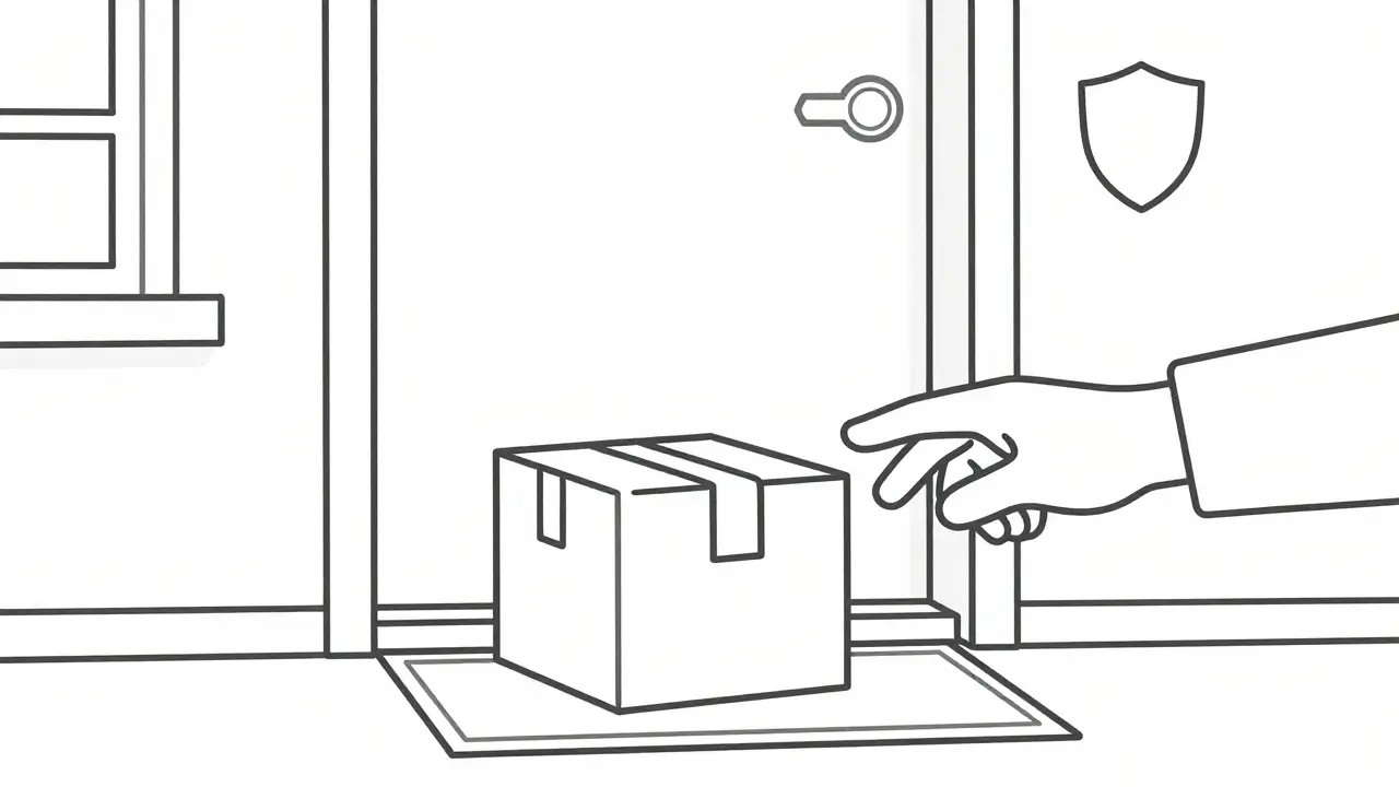 Package delivery at doorstep in monoline style