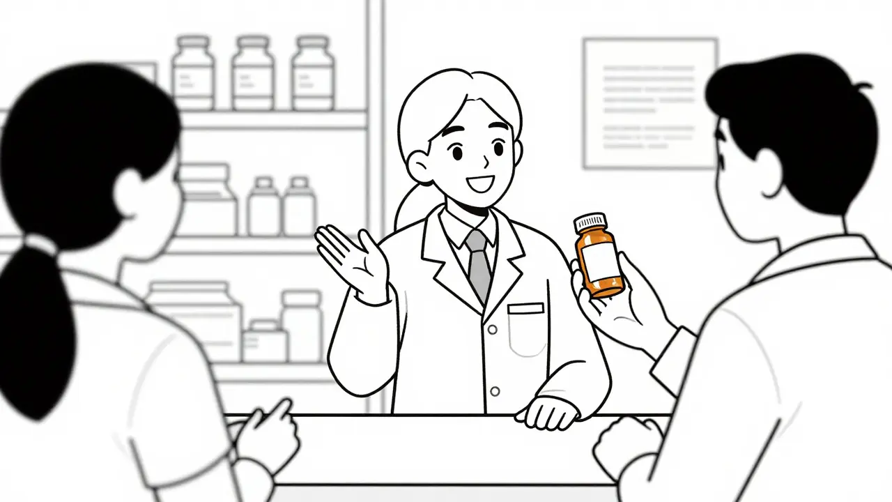 Pharmacist advising a patient about their medication refill
