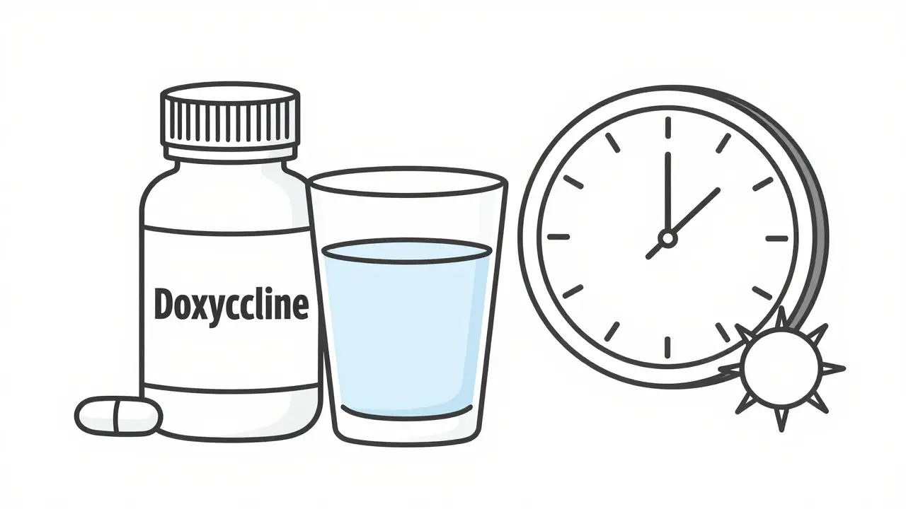 Pill bottle, water glass, and sun symbol showing safety tips