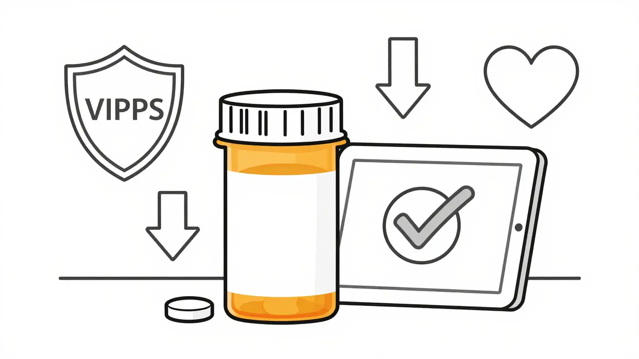 Prescription bottle with safety and savings icons