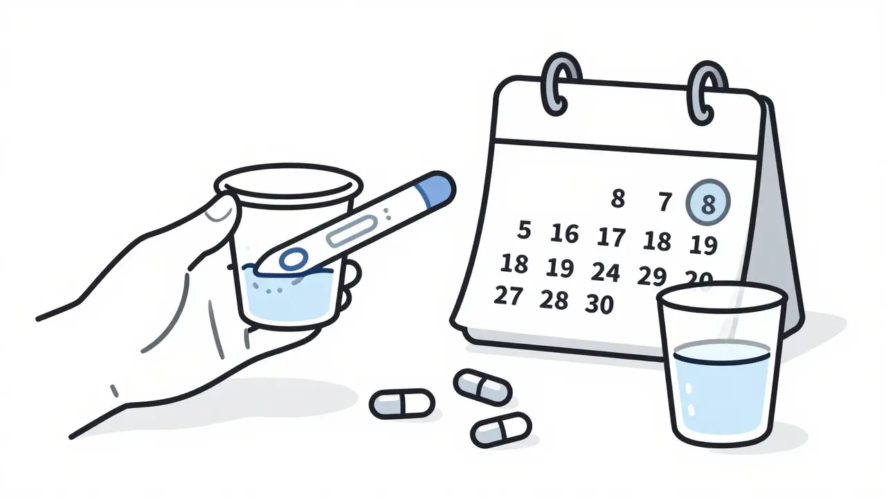 Simple line illustration of urine testing and medication routine