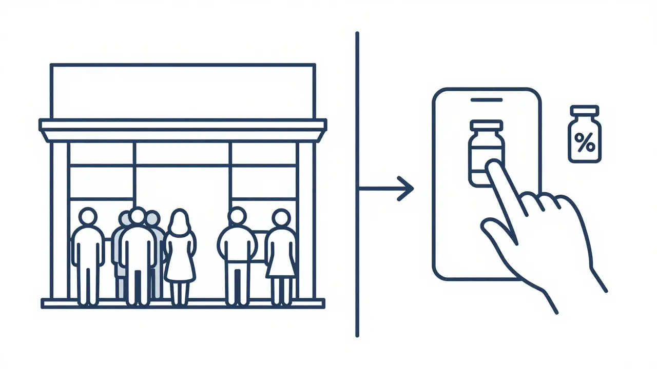 Split view comparing pharmacy queue vs online discount app