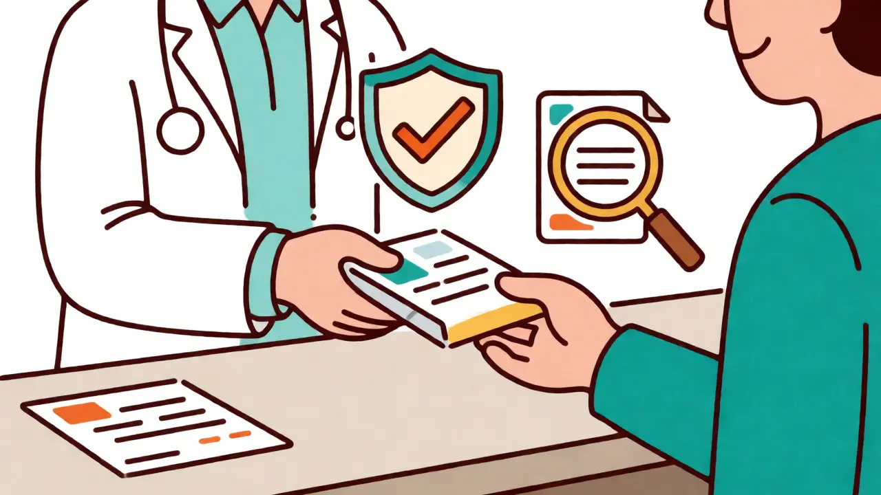 Cartoon of a pharmacist handing over verified safe medication package